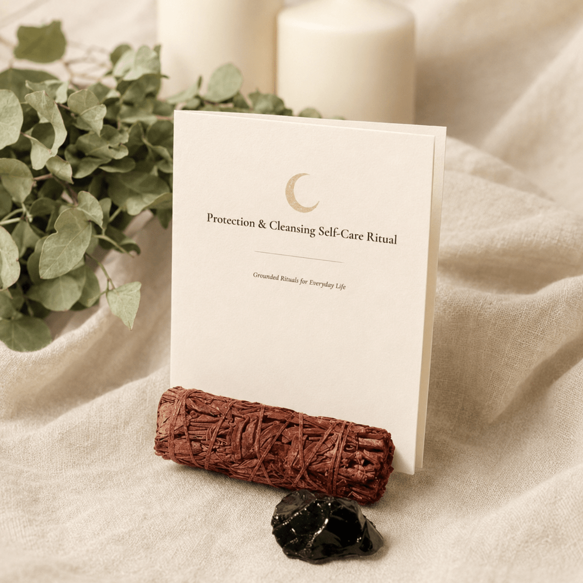 A white card titled 'Protection & Cleansing Self-Care Ritual' with a gold crescent moon logo, styled on a beige fabric surface with a smudge stick, a black stone, and green eucalyptus leaves.