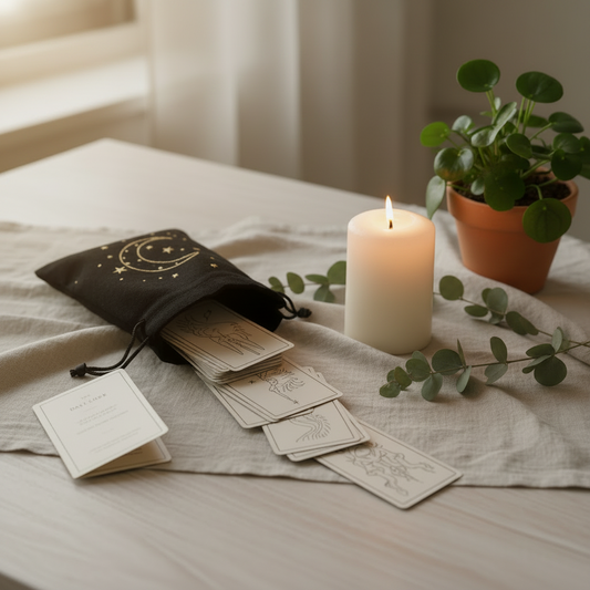 Cup of tea with tarot cards, crystals, and candles on a table