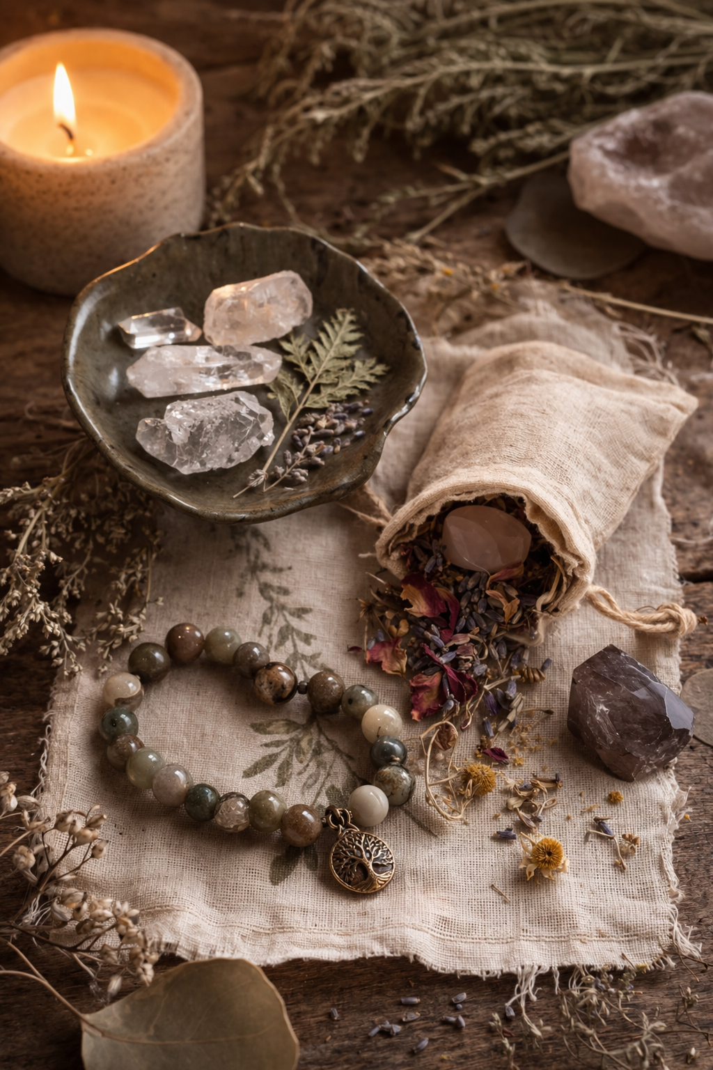 Bracelet, crystals, and herbs on a cloth with a candle in the background