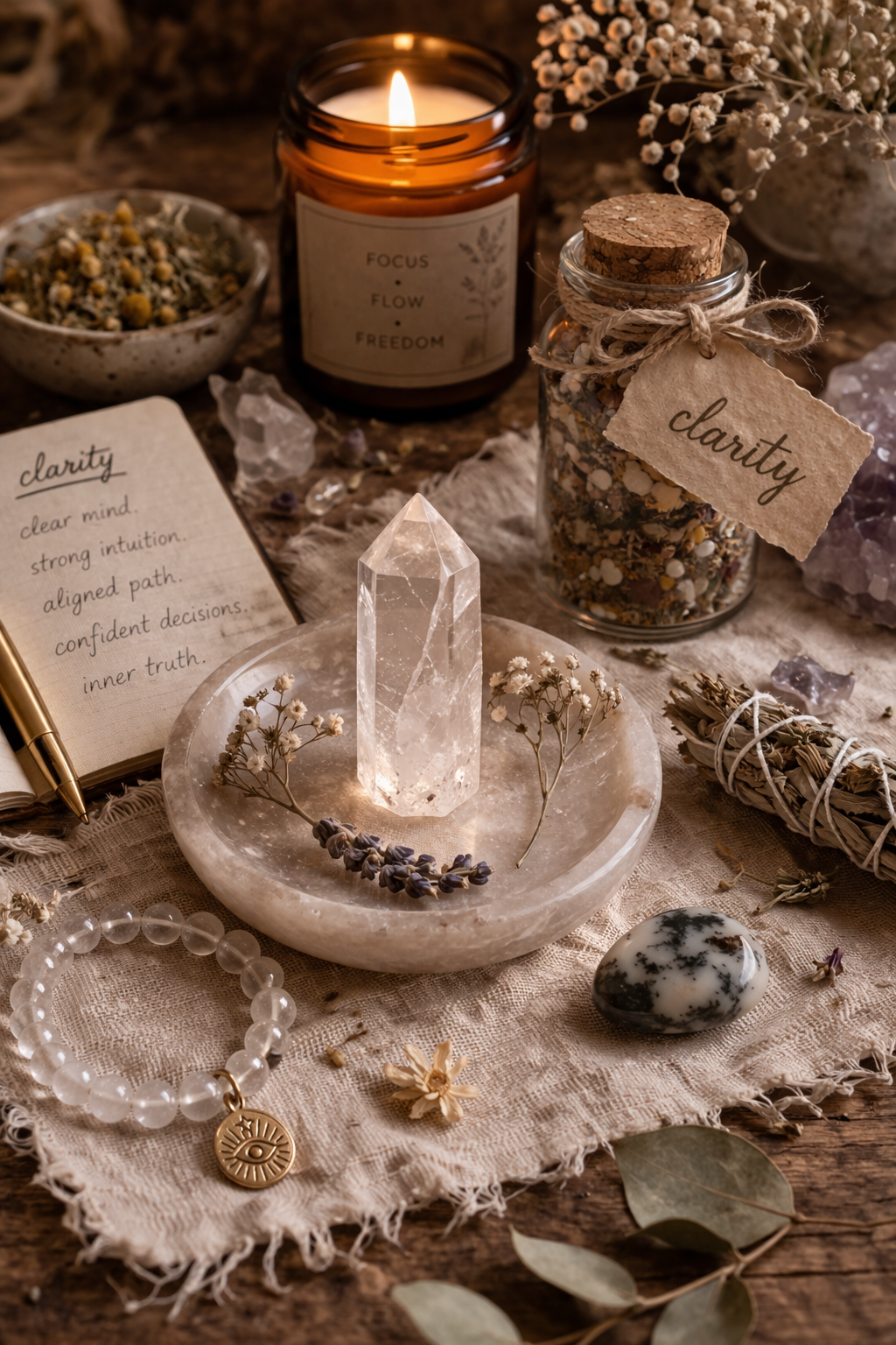 Crystal, candle, and herbs on a wooden surface with a focus on clarity.