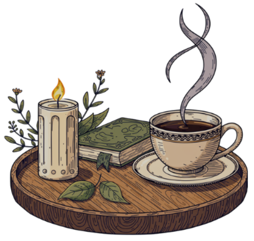 Illustrated graphic with the text '7 DAYS OF SPIRITUAL SELF-CARE' below a cozy arrangement of a lit candle, a book, and a steaming cup of coffee on a wooden tray against a light gray background.