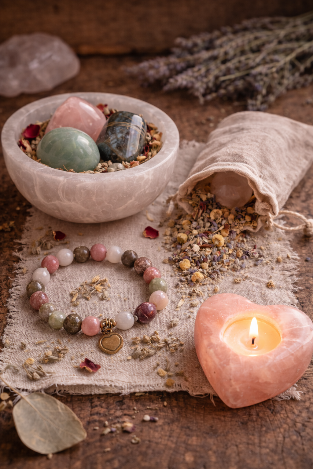 Meditative setting with stones, bracelet, candle, and herbs on a wooden surface