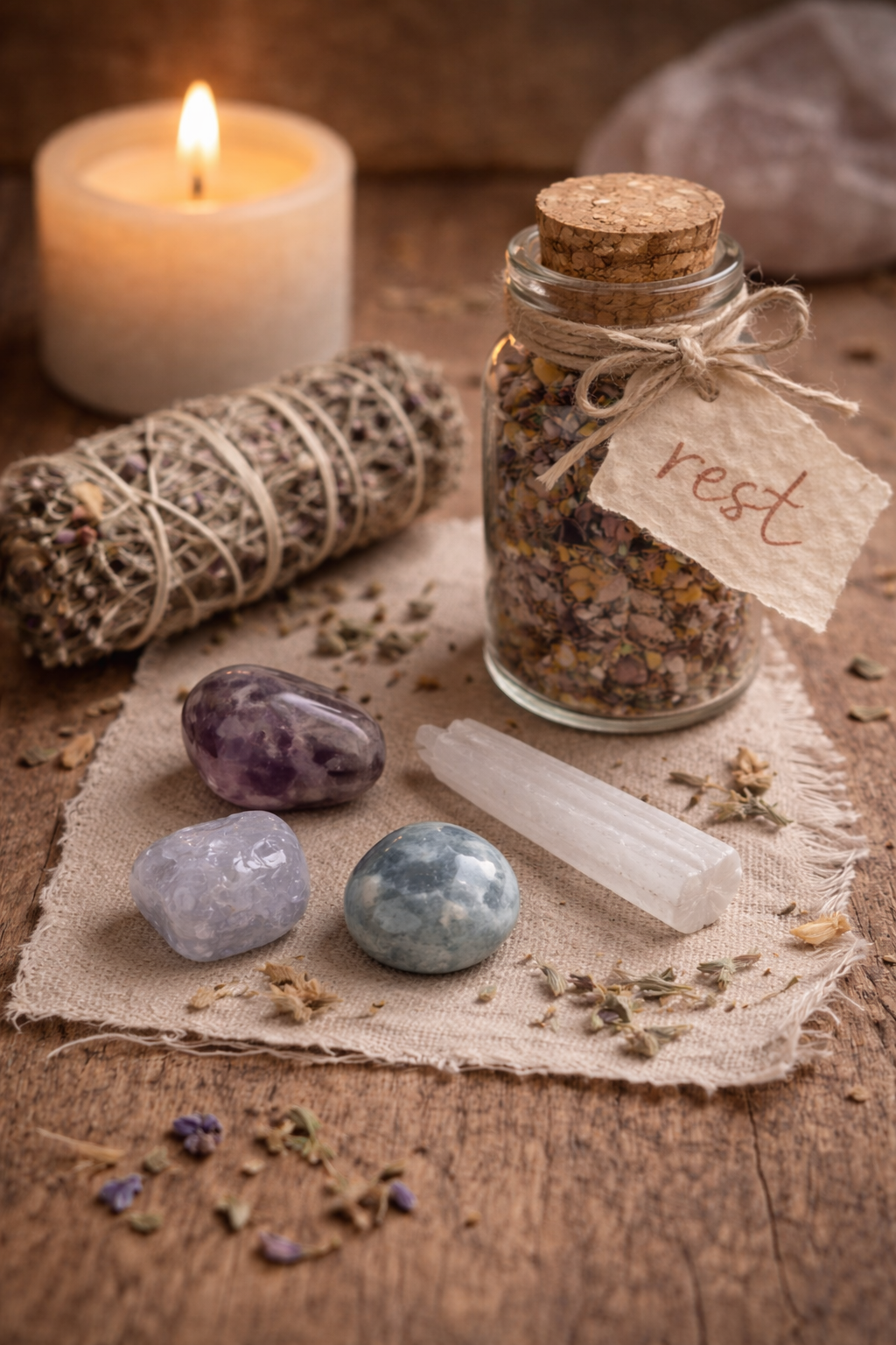 Jar labeled 'rest', candles, stones, and crystals on a wooden surface