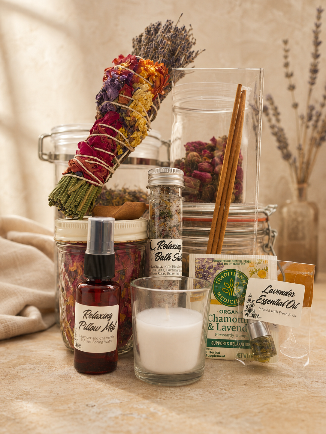A spa gift set featuring dried flower sachets, a bath salt jar, a mug of white bath salt, a small essential oil bottle, and a lavender pillow mist bottle, arranged on a neutral fabric surface with a warm, soft-focus background.