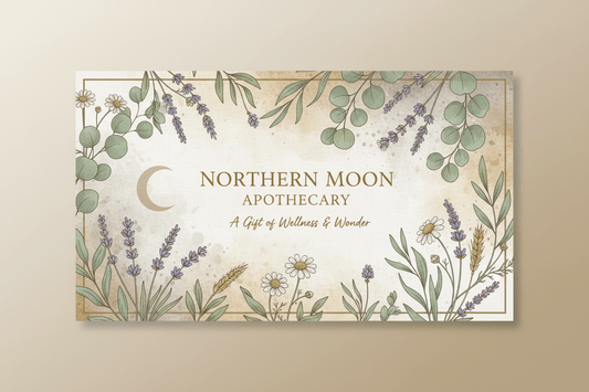 A rectangular decorative sign or card for Northern Moon Apothecary, featuring botanical illustrations of eucalyptus, lavender, daisies, and wheat around a central cream background with a gold crescent moon and gold text.