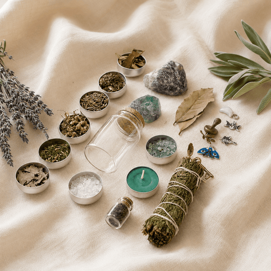 A styled flat-lay of natural altar items on a cream linen fabric background, including a sage smudge bundle tied with string, crystals, dried herbs in small bowls, a clear glass jar, a teal candle, salt, and dried botanicals.