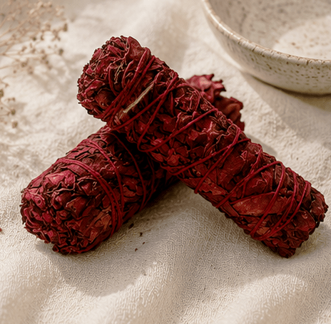 Two dried rose sage smudge bundles wrapped in thin string, arranged on a textured cream fabric with a ceramic bowl in the background.