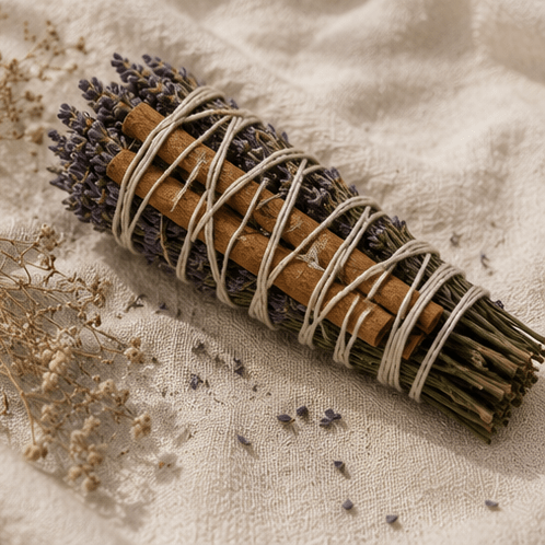 A dried lavender and cinnamon bundle wrapped in natural twine, placed on a textured beige fabric with scattered dried flowers.