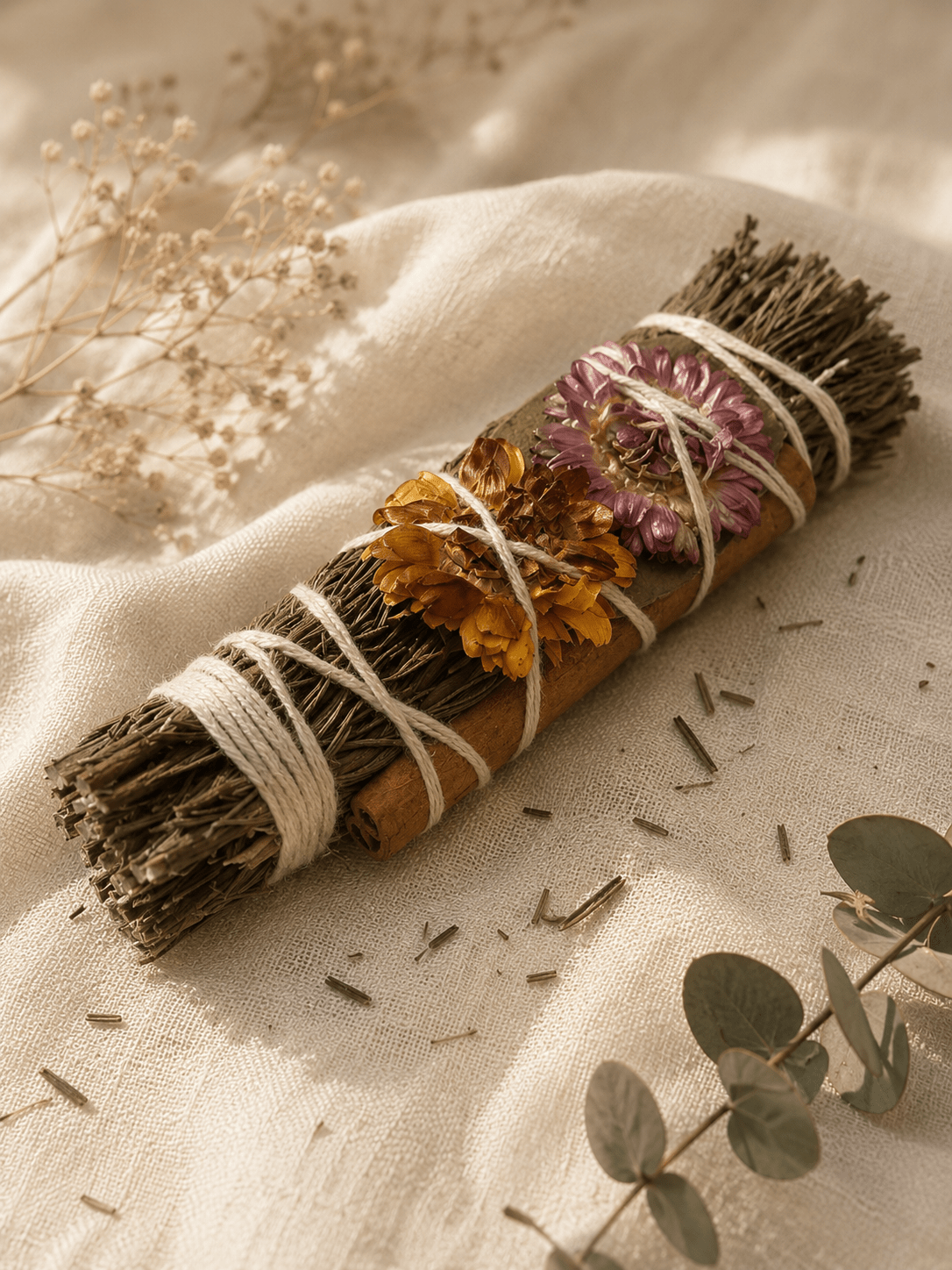A dried botanical bundle tied with white string, resting on draped cream fabric with scattered dried flowers and eucalyptus leaves around it.