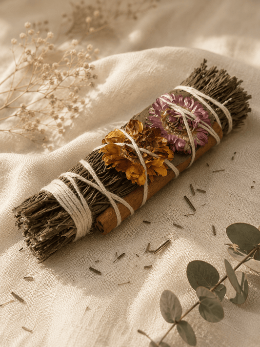 A dried botanical bundle tied with white string, resting on draped cream fabric with scattered dried flowers and eucalyptus leaves around it.