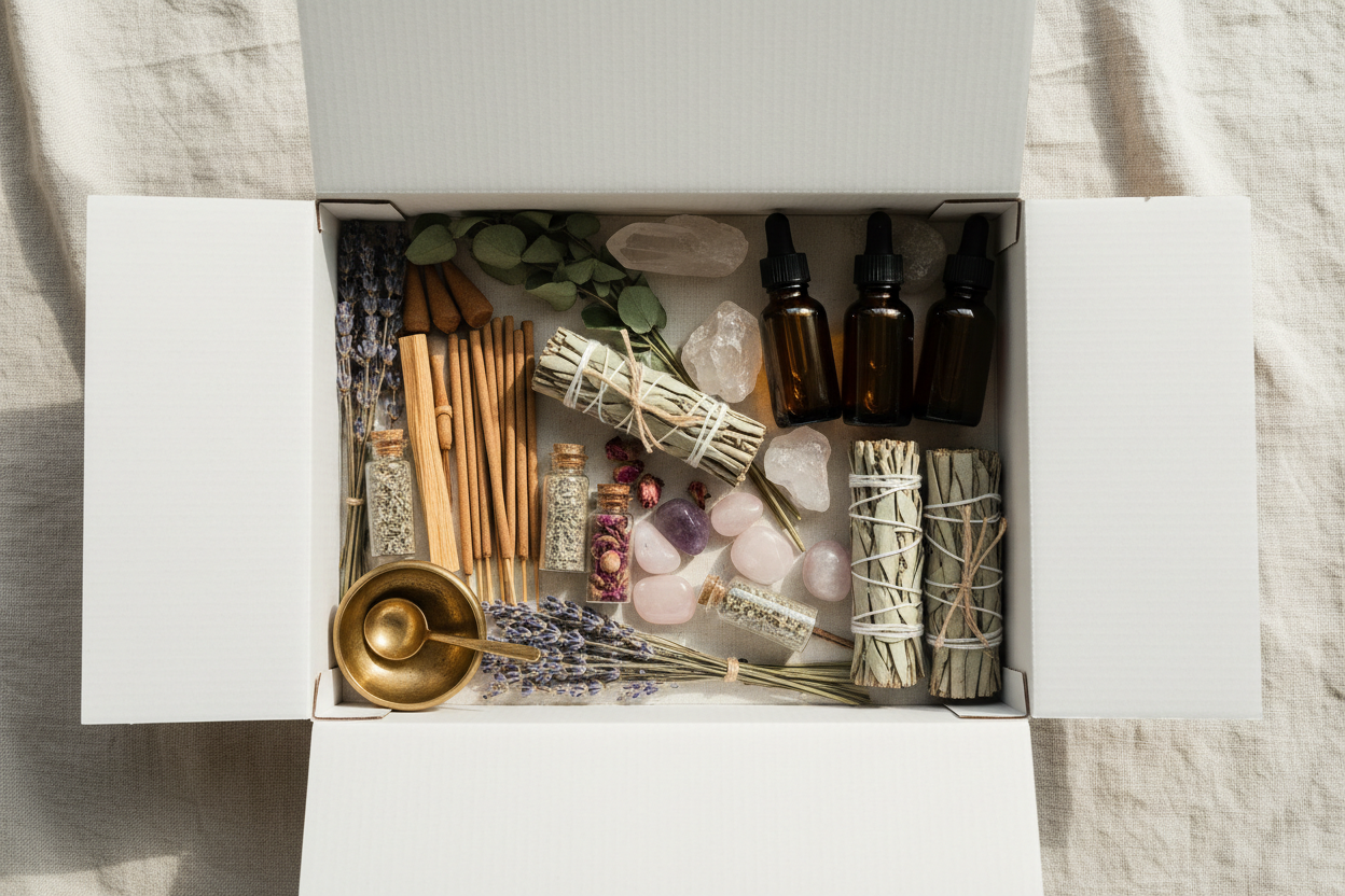 An open white gift box filled with a curated spa or self-care set, including amber dropper bottles, crystal stones, sage bundles, dried lavender, a brass bowl, and wooden sticks, photographed from above on a light fabric surface.