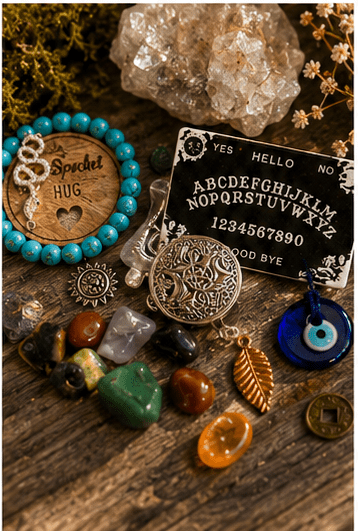 A styled flat-lay of bohemian spiritual jewelry and crystals on a rustic wooden surface, featuring a turquoise beaded bracelet with a wooden 'Sprechet Hug' disc, a black Ouija board, a silver filigree medallion with a gold leaf charm, and various colorful stones.