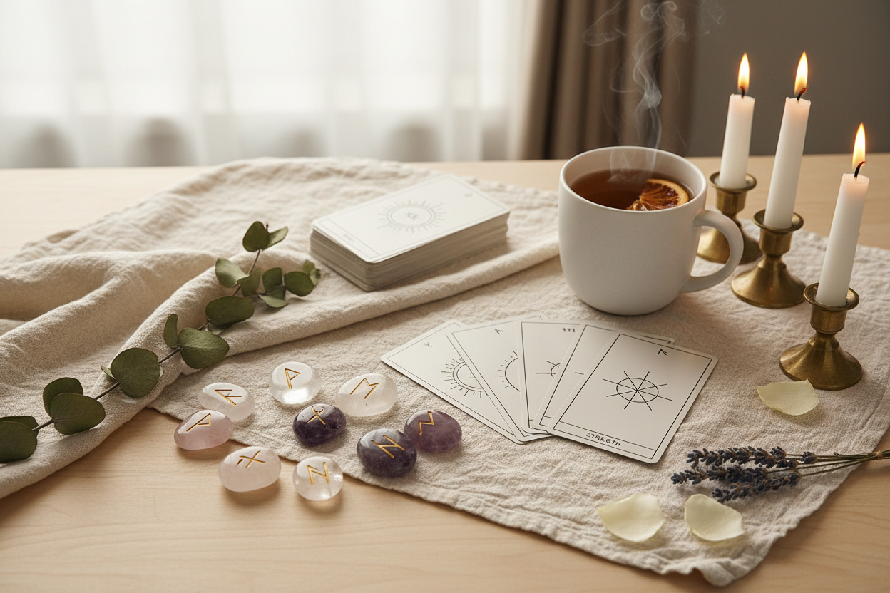 Cup of tea with tarot cards, crystals, and candles on a table